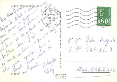 Jaujac — aldeia situada em Ardèche — Ed. J. Cellard, Z. 1076 — Verso