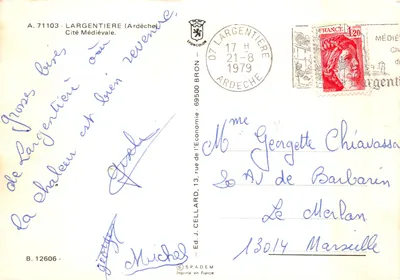 Largentière — vista da cidade medieval com igreja e castelo — Ed. J. Cellard — Verso