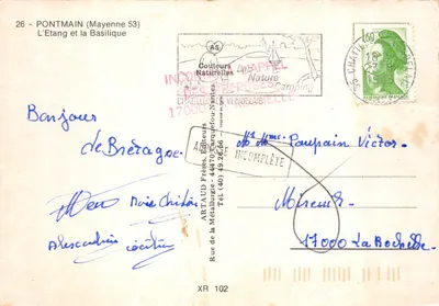 Pontmain (Mayenne) — a Basílica e o lago com ponte — editor ARTAUD Frères — Verso