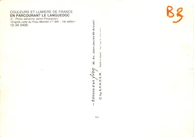 Montpellier, Palavas-les-Flots, La Grande Motte, Nîmes — Przyjaźnie Languedoc — Greetings from Languedoc — Wydawca Wydawnictwo Kolorów i Świata Francji — Rewers