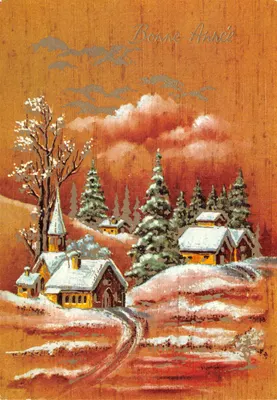 Vila nevada — cena invernal com igreja — impresso na Itália