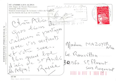 St-André-les-Alpes — widok z lotu ptaka, plac z fontanną, krajobraz i stara kaplica — Wydawnictwo Photoguy — Rewers