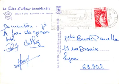 Menton — O porto com vista para as montanhas nevadas — Ed. A. RION, 115, Av. St Lambert, Nice — Verso