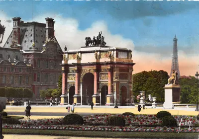 Arco do Triunfo do Carrousel — vista com a Torre Eiffel no fundo — editor Les Éditions d'Art 'WON' Paris, Rue Martel