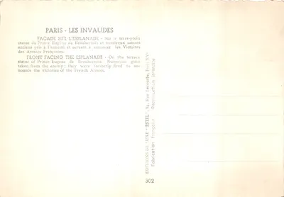 Paryż - Les Invalides — fasada na esplanadzie z statuą Princesa Eugène de Beauharnais i starożytnymi armatami — Wydawca Estel — Rewers