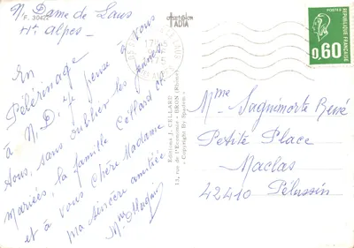 Casa de pedra com telhado de colmo — vista de montanha — Edições I. CELLARD — Verso