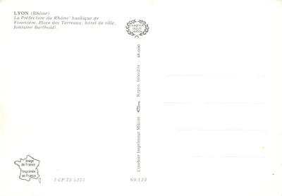 Lyon — Prefeitura do Ródano, basílica, hotel de cidade, fonte Bartholdi — Impressor Comblier Mâcon — Verso