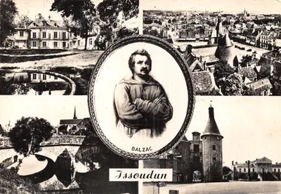 Issoudun — Vista geral, castelo, ponte e retrato de Balzac — editor: Château de Frapesle
