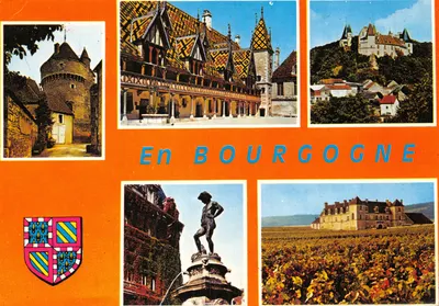 Na Borgonha — vista de vários locais (donjon, hotel de cidade, castelo, estátua, vinhedos) — Edições 'La Cigogne' n°21.000.19