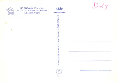 Bordeaux — vista composta com estádio, piscina, carruagem e figura de vinha — éditeur IRIS — Verso