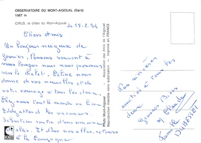 Cão de montanha — Cirrus no Mont-Aigoual — Impresso na carta pela Associação dos Amigos do Aigoual — Verso
