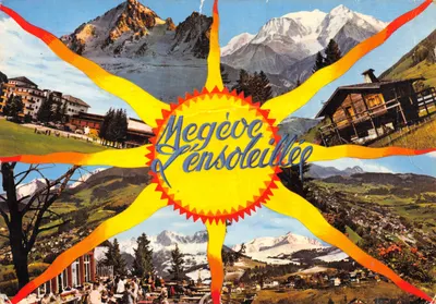 Megève l'Ensoleillée — vista panorâmica com montanhas nevadas e edifícios alpinos — Edições MEGÈVE