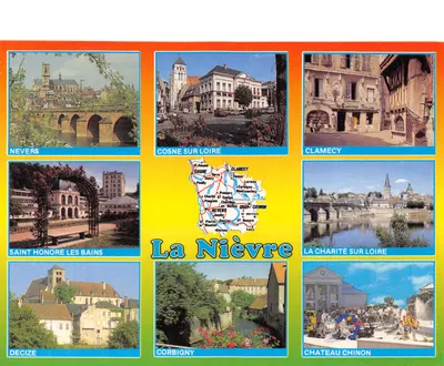 La Nièvre — Carta postal turística com 8 vignettes de cidades — Éditions Nivernaises
