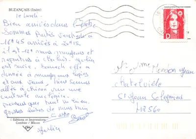Buzançais — widok z zamku, rady miejskiej i mostu nad rzeką — Wydawnictwo i Drukarstwo Combier / Mâcon — Rewers
