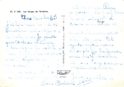 Les Gorges de l'Ardèche — Carte touristique avec itinéraire et photos des sites (éditeur : COMBIBIER IMP. MACON) — Verso