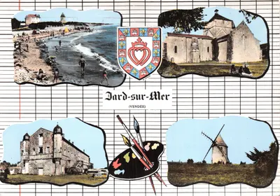 Jard-sur-Mer — vista panorâmica com escudo, praia, igreja, castelo e moinho — editor COMBIER IMP. (S.-et-L.)