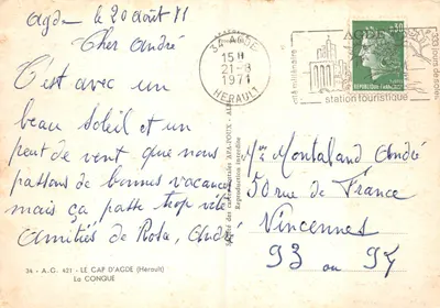O Cap d'Agde — estação turística — Sociedade das cartas postais APA-POUX, n° 34 - A.G. 421 — Verso