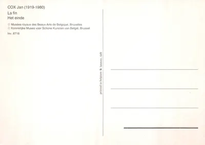Criatura azul — cena subaquática com duas chamas amarelas — editor Museus Reais das Belas-Artes da Bélgica, Bruxelas, n° 8718 — Verso