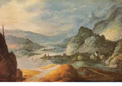 Paisagem montanhosa — vista do Rio Reno entre montanhas — De Momper II (1564-1635) — Impr. Solédi s.a.