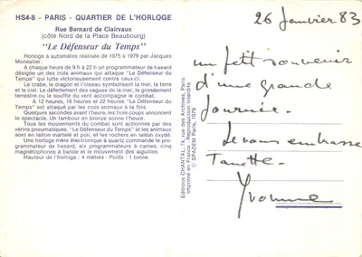 Relógio do Defensor do Tempo — obra de Jacques Monestier — Edições CHANTAL, Paris — Verso