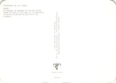 Paisagem da Restonica — rio atravessando uma floresta de pinheiros entre rochedos — Edições do Mouflon, 12/413 — Verso