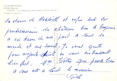 Reims — Katedra Najświętszej Panny Marii (XIII wiek) — anioł z uśmiechem — Wydawca ESTEL & Cie, nr 7.612-W — Rewers