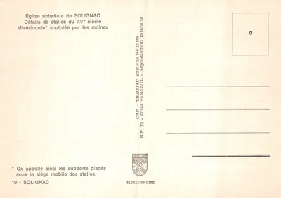 Misericórdia esculpida — detalhe das bancadas do século XV — Edições Théozac Panazol — Verso