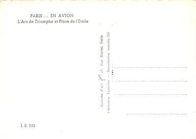 Paris — Vista aérea do Arco do Triunfo e da Praça da Estrela — Éditions d'Art Martel, n° I.B. 592 — Verso