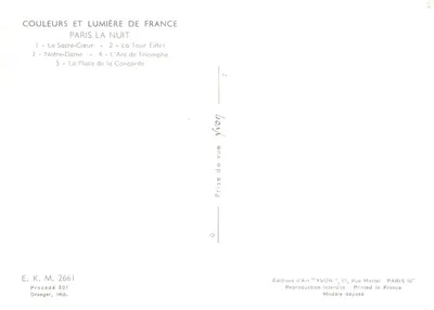 Paris à Noite — vista noturna de 5 monumentos — Edições de Arte 'YVON' — Verso