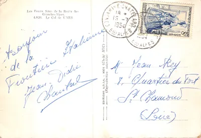 Col de Vars — widok z wierzchołka w lesie sosnowym z samochodem — Wydawnictwo A.D.I.A. NICE — Rewers