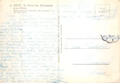 Metz - Porta Niemców i jej klasztor — średniowieczny zabytek, wydawca Pierron & Cie, n°11 — Rewers