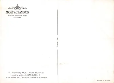 Napoléon Ier — visite aux caves Moët & Chandon — éditeur Draeger, Imp — Verso