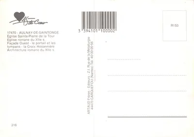 Aulnay-de-Saintonge — Igreja de Santa-Pérgula da Torre, fachada oeste e cruz hosanna — Editor ARTAUD Frères — Verso