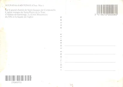 Aulnay-de-Saintonge — igreja romana e cruz hosanista — Éditions Combier - Macon — Verso