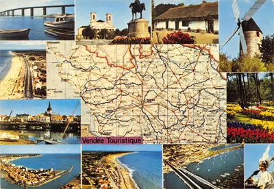 Vendée Turística — cartão postal panorâmico com mapa rodoviário e locais emblemáticos — Éditions La Vendée Touristique