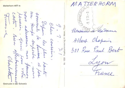 Matterhorn — sommet enneigé vu depuis les pentes — éditeur Postkartenverlag H. Meier, Thun, n° 1239 — Verso