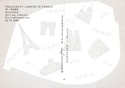 Notre-Dame w Paryżu — widok nocny oświetlony — Wydawnictwo Yvon — Rewers