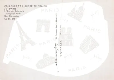 Arc de Triomphe — noc z oświetleniem i trójkolorowym promieniem — wydawca Yvon, nr 36 75 0621 — Rewers