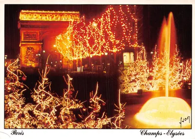 Paris - Champs-Élysées — decoração de Natal com Arco do Triunfo e fonte iluminados — editor Yvon
