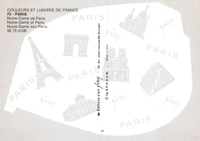Notre-Dame w Paryżu — gotycka fasada z rożeniem i wieżami — Wydawnictwo Yvon — Rewers