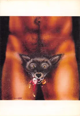 Lobo — cabeça emergindo de um torso nu — desenho de Marc Demoulin, assinado 1979