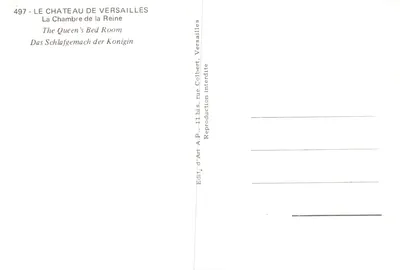 Quarto da Rainha — Sala ricamente decorada com dourados e tapeçarias — Editor A.P. 11 bis, rua Colbert, Versalhes, n°497 — Verso