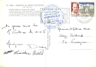 Le Mont-Ventoux — sommet avec chapelle, tour de télévision et lever de soleil — Éditions de Provence, n° 4004 — Verso