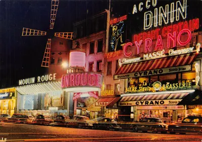Le Moulin Rouge — scène nocturne avec enseignes lumineuses et voitures d'époque — Éditions CHANTAL, n° 596