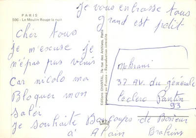 Le Moulin Rouge — scène nocturne avec enseignes lumineuses et voitures d'époque — Éditions CHANTAL, n° 596 — Verso