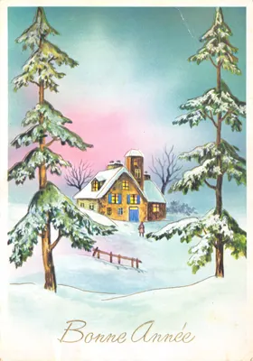 Château enneigé — scène hivernale avec maison et sapins — éditeur : SÉRIE N° 3001