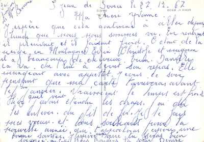 Lis i jeż w śniegu — scenografia zimowa z zasłoniętym sosnowym lasem — wydawca IMPRIMÉ SUR LE VERSO : M.B. IMPRIMERIE EN FRANCE, SÉRIE N° 8510 — Rewers