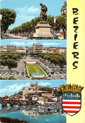 Béziers — vista panorâmica com estátua de Riquet, praça da Cidadela e ponte sobre o Orb — editor Sté des Cartes Postales A.P.A.