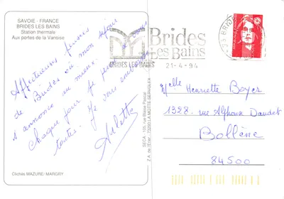 Brides-les-Bains — widok panoramiczny i budynki termalne — éditeur SECA / MAZURE/MARGRY — Rewers