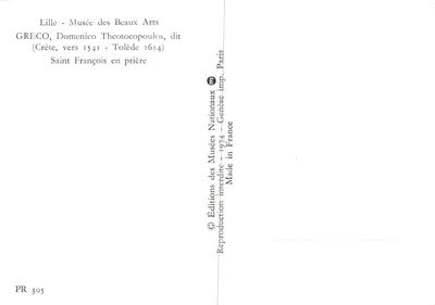 São Francisco em oração — reprodução da pintura de Greco — editor Éditions des Musées Nationaux, Paris — Verso